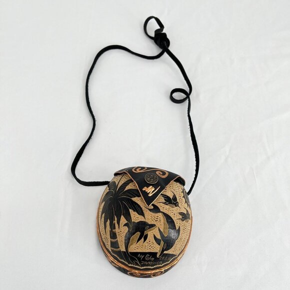 Handmade Coconut Purse With Dolphin & Palm Tree Design By Pele Jamaica - Picture 5 of 6